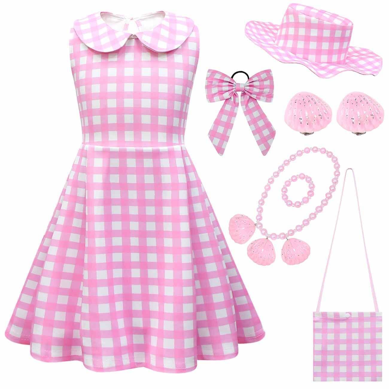 Kids Pink Plaid Dress Sleeveless Party Outfit with Accessories Girls Halloween Cosplay Costume