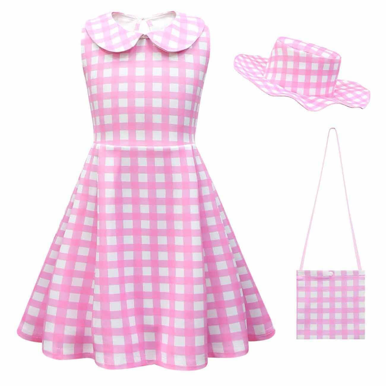 Kids Pink Plaid Dress Sleeveless Party Outfit with Accessories Girls Halloween Cosplay Costume