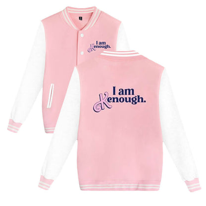 I Am Kenough Bomber Jacket Couples Pink and Black Baseball Jacket for Women Men