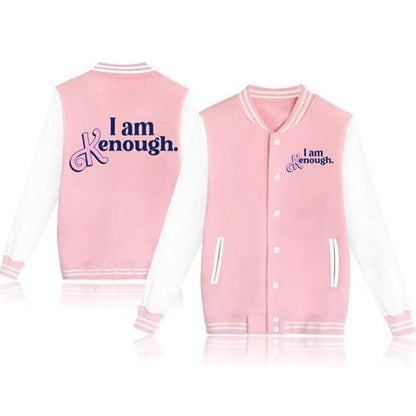 I Am Kenough Bomber Jacket Couples Pink and Black Baseball Jacket for Women Men