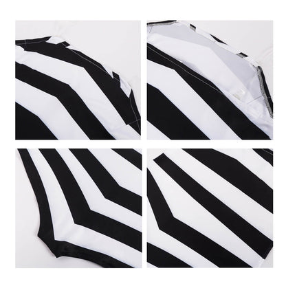 Women Swim Suit Black White Chevron Stripe One Piece Bathing Suit with Sunglasses and Earrings