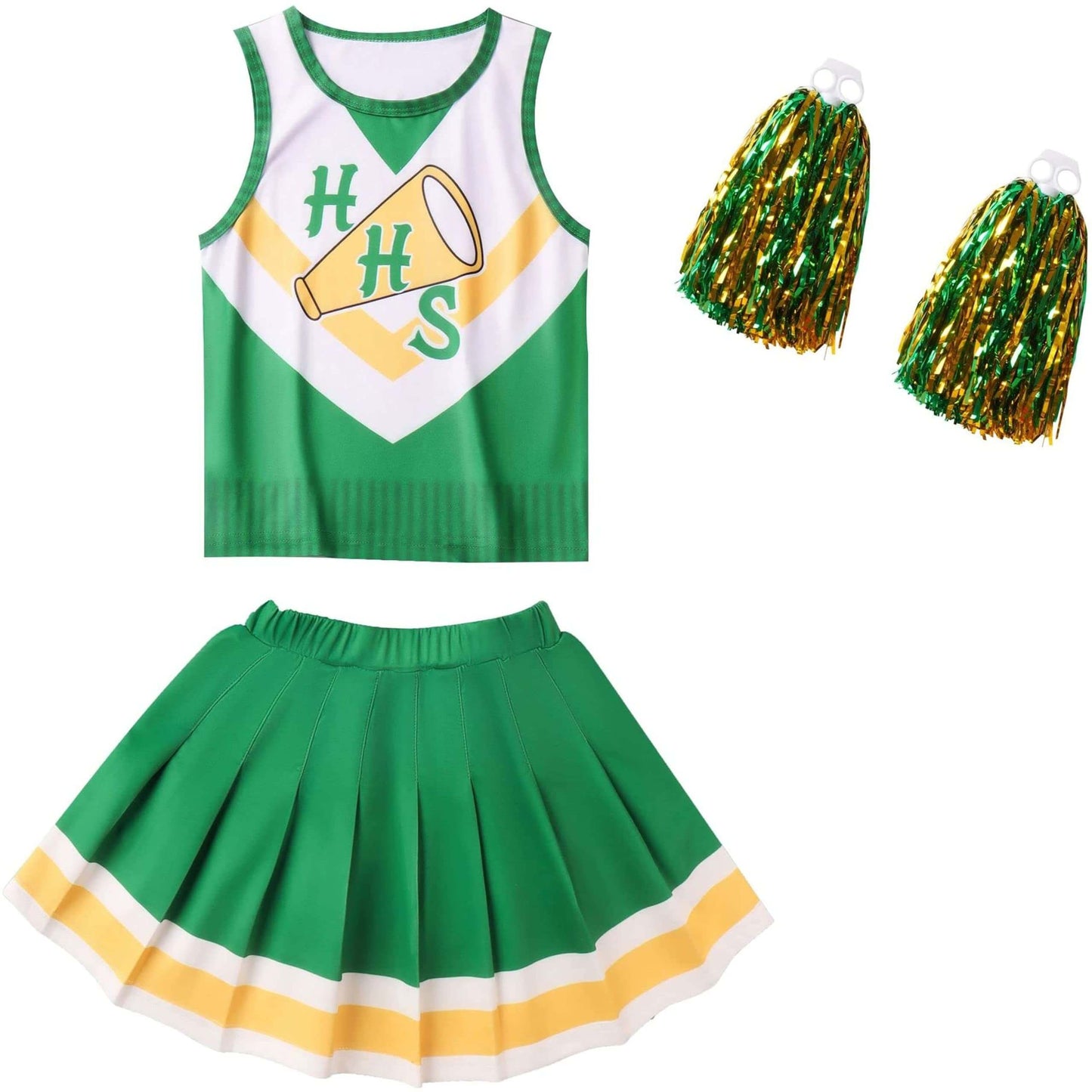 Girls Youth Hawkins Cheerleaders Costume Pom Poms Strange ST4 Green Uniform for Cosplay