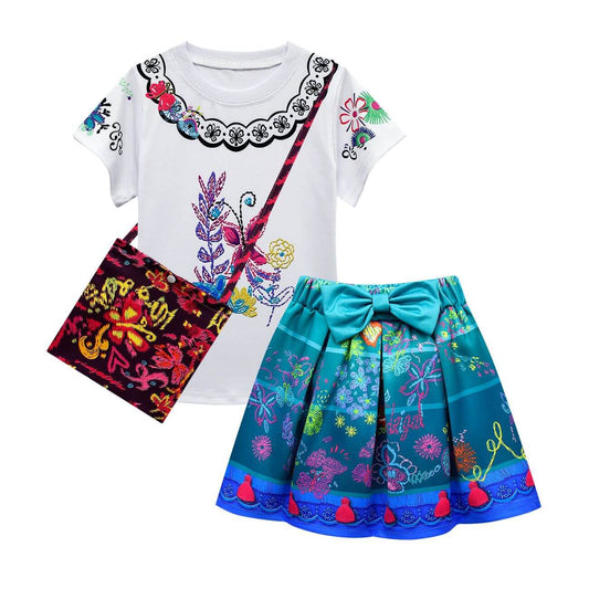 2PCS Mirabel Madrigal Costume Mirabel Cosplay T-shirt and Skirt with Bag For Girls Age 3 and UP