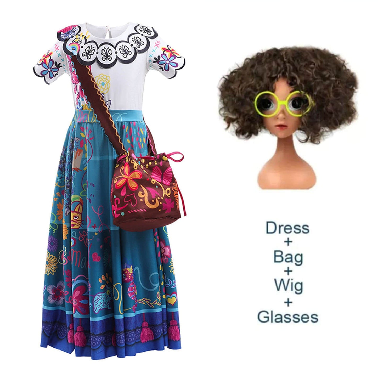 Kids Mirabel Dress with Bag and Wig Glasses Mirabel Mardrigal Party Carnival Halloween Costume