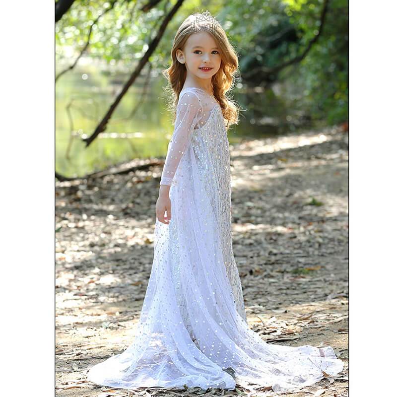 Snow Queen Princess Costume Girls Sequins Dress With Shining Long Cape Cosplay Clothes