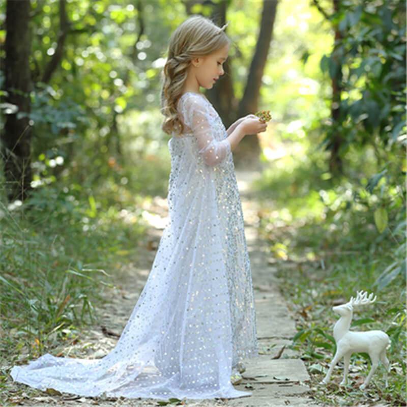 Snow Queen Princess Costume Girls Sequins Dress With Shining Long Cape Cosplay Clothes