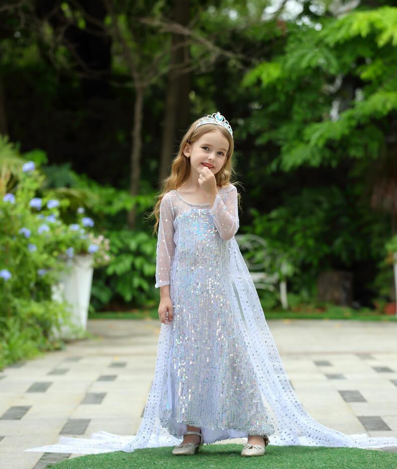 Snow Queen Princess Costume Girls Sequins Dress With Shining Long Cape Cosplay Clothes