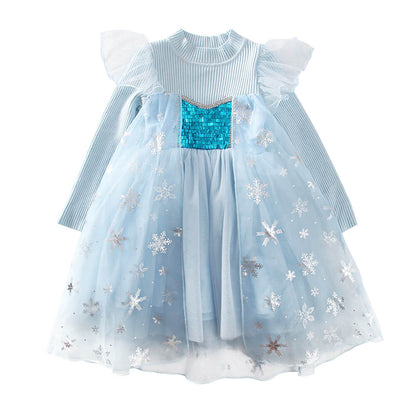 Little Girls Winter Princess Dress Snowflake fluffy Sweater Dresses 3-9 Years