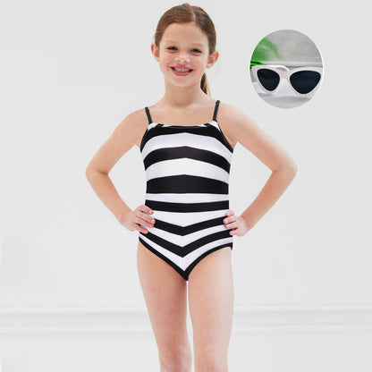 Women Swim Suit Black White Chevron Stripe One Piece Bathing Suit with Sunglasses and Earrings