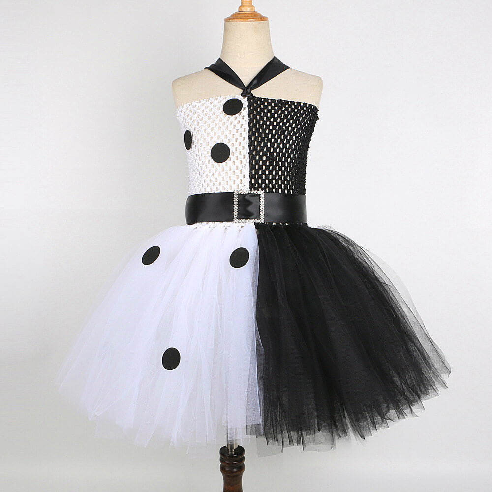 Girls Halloween Costume Sleeveless Color Blocking Tutu Dress Props Black Spot Lace Up Outfit