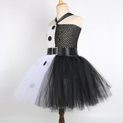 Girls Halloween Costume Sleeveless Color Blocking Tutu Dress Props Black Spot Lace Up Outfit