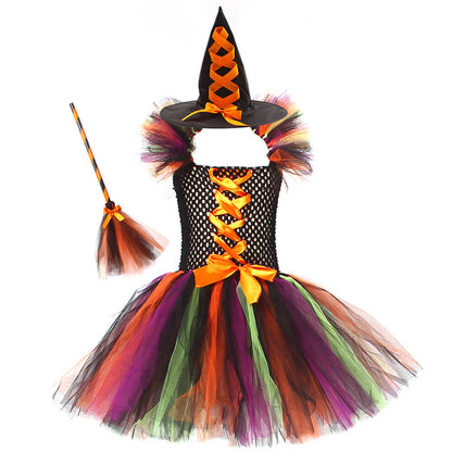 Girls Witch Costume Halloween Witch Tutu Dress Broom Hat 3pcs Set Fancy Cosplay Outfit 3-12Y