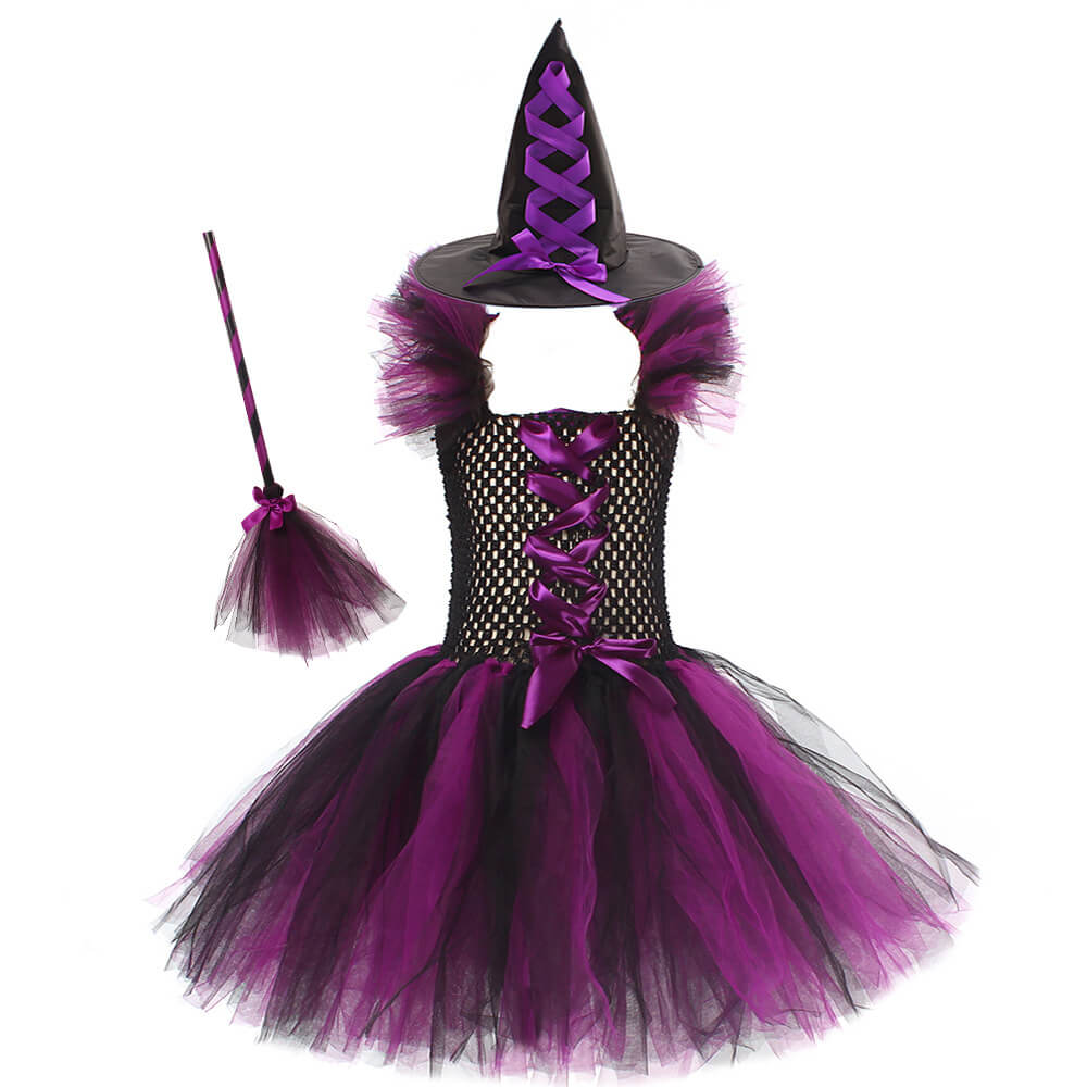 Girls Witch Costume Halloween Witch Tutu Dress Broom Hat 3pcs Set Fancy Cosplay Outfit 3-12Y