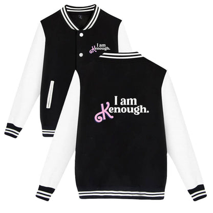 I Am Kenough Bomber Jacket Couples Pink and Black Baseball Jacket for Women Men