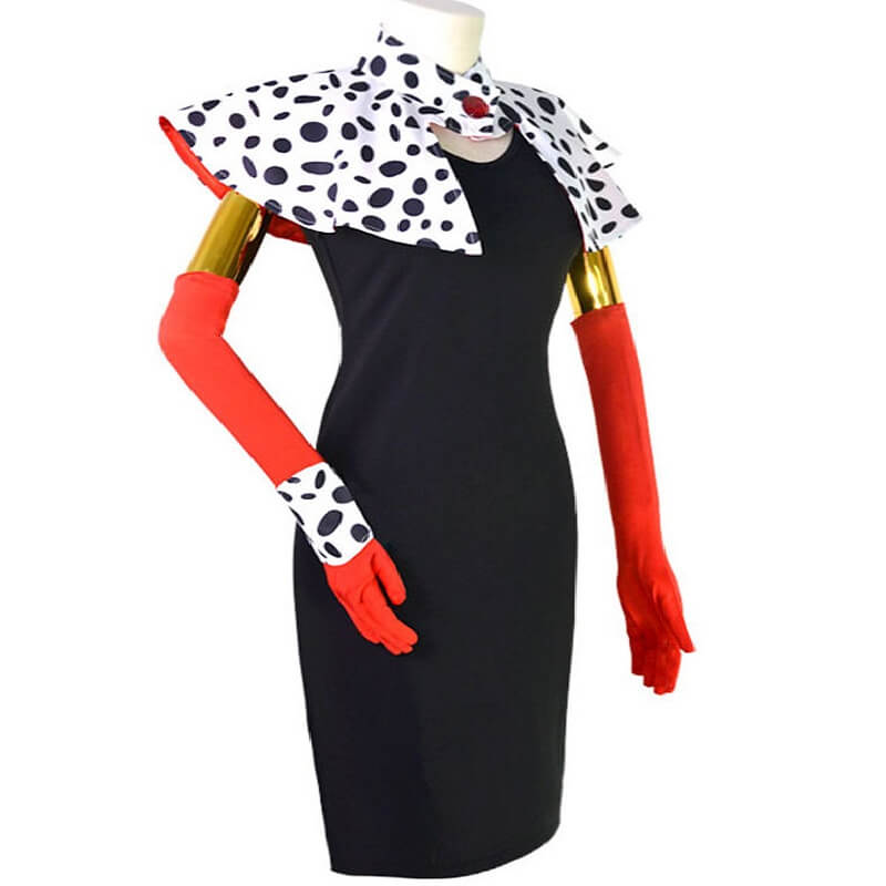 Cruella Deville Cosplay Dress with Gloves and Cape Full Set 101 Dalmatians Halloween Costume