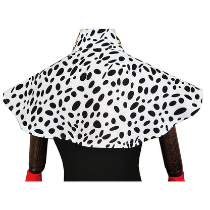 Cruella Deville Cosplay Dress with Gloves and Cape Full Set 101 Dalmatians Halloween Costume