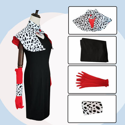 Cruella Deville Cosplay Dress with Gloves and Cape Full Set 101 Dalmatians Halloween Costume
