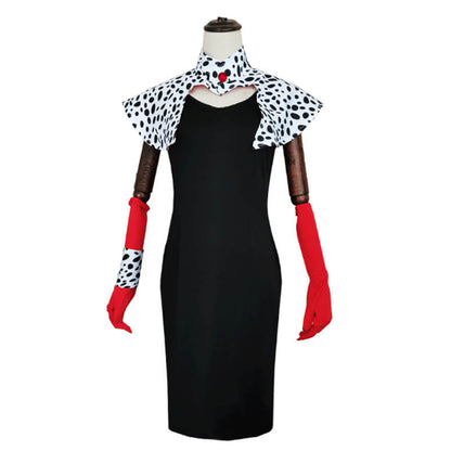 Cruella Deville Cosplay Dress with Gloves and Cape Full Set 101 Dalmatians Halloween Costume