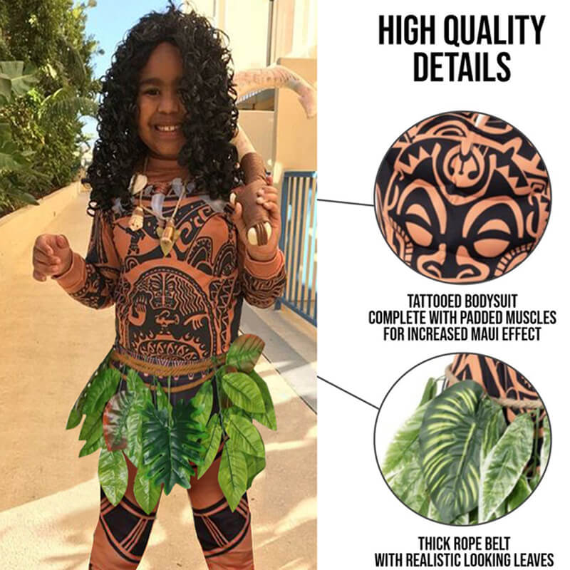 Moana Maui Costume Boys/Man Halloween Cosplay Tattoo Shirt and Pants with Leaves Skirt