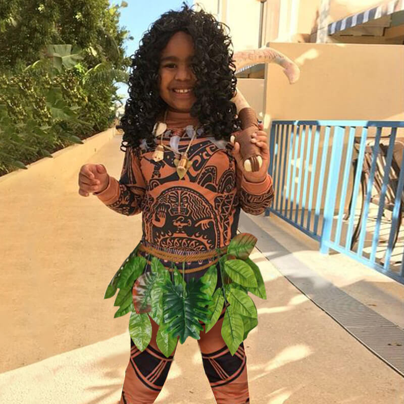 Moana Maui Costume Boys/Man Halloween Cosplay Tattoo Shirt and Pants with Leaves Skirt