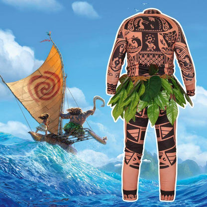 Moana Maui Costume Boys/Man Halloween Cosplay Tattoo Shirt and Pants with Leaves Skirt