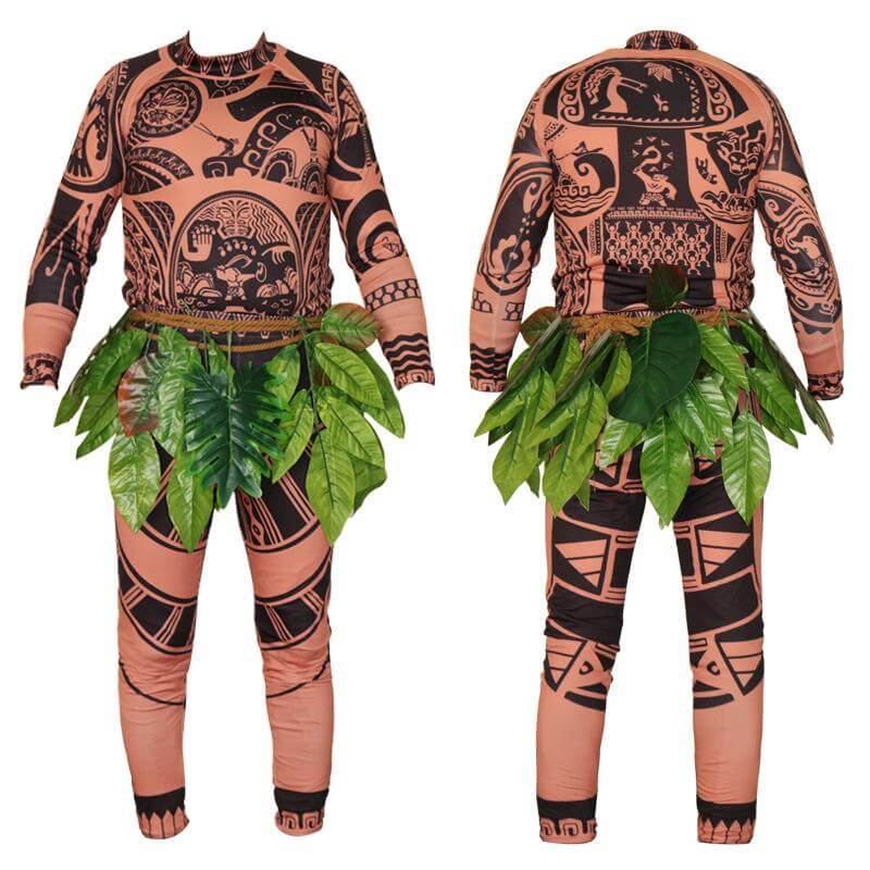 Moana Maui Costume Boys/Man Halloween Cosplay Tattoo Shirt and Pants with Leaves Skirt