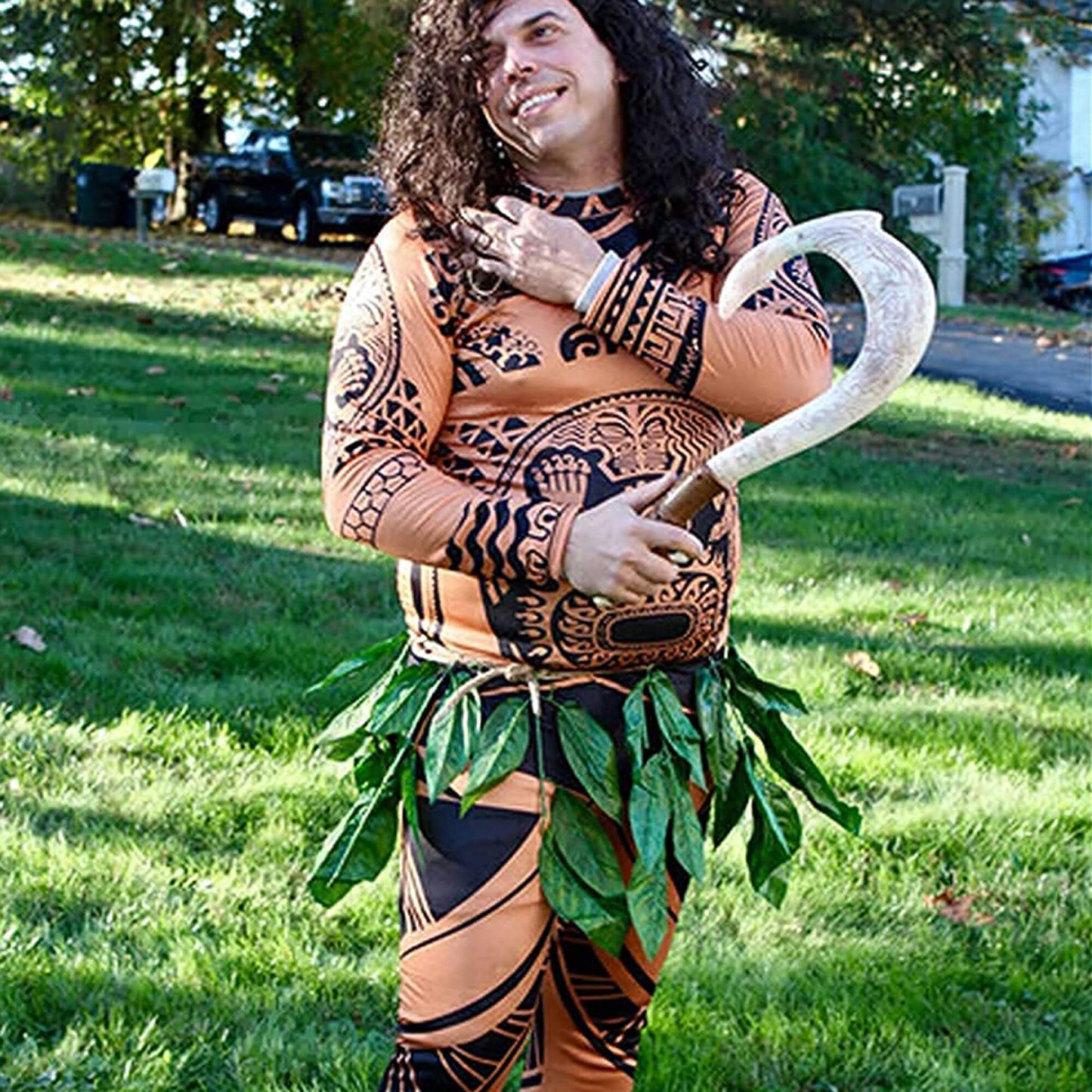 Moana Maui Costume Boys/Man Halloween Cosplay Tattoo Shirt and Pants with Leaves Skirt