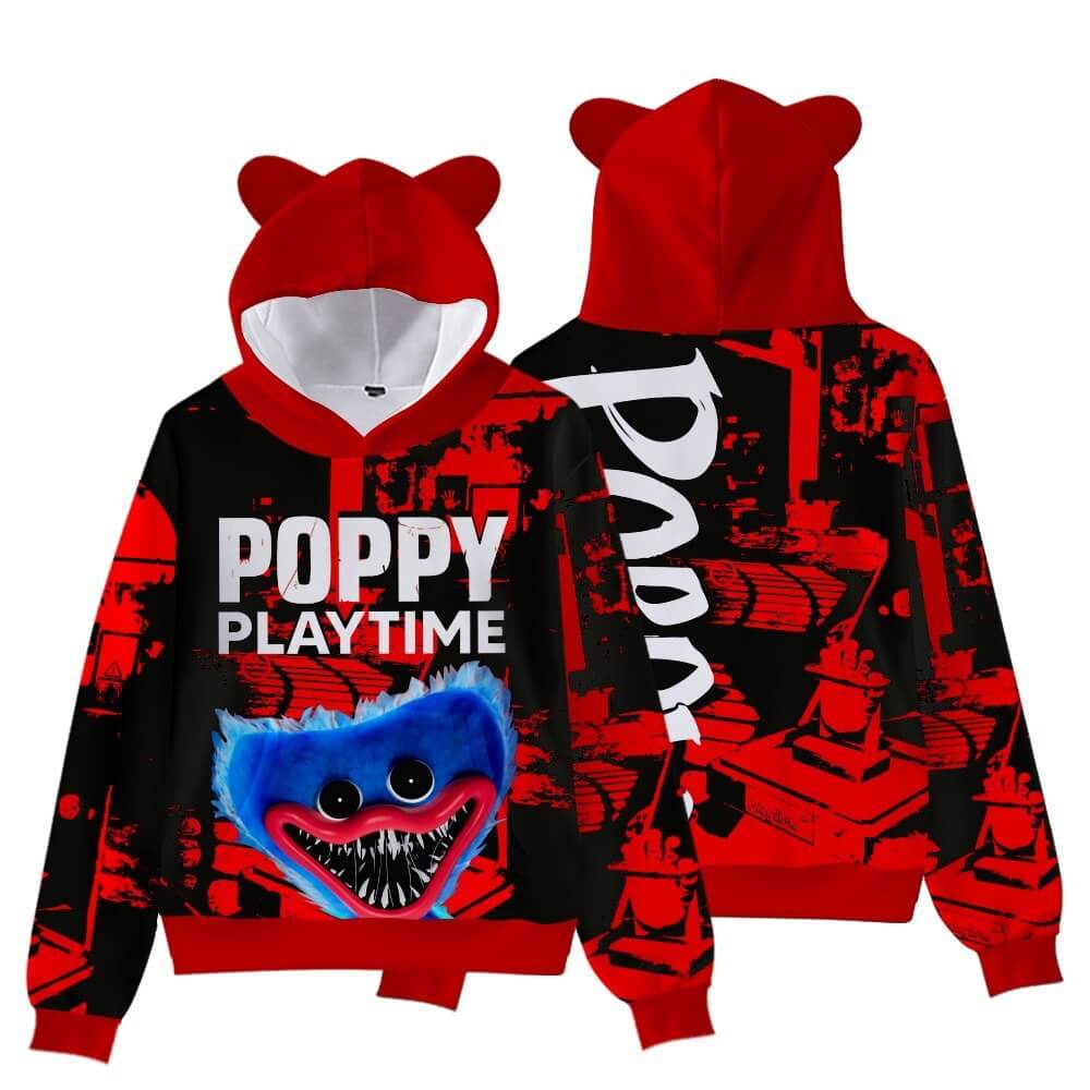 Cute Boys Girls Poppy Playtime Hoodie Kids Funny Huggy Wuggy Sweatshirt with Cat Ear