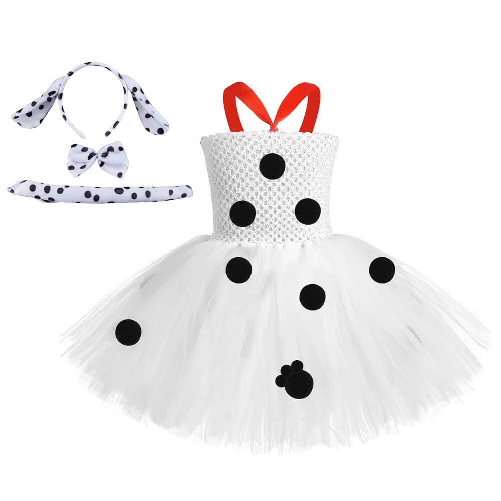 Childrens Cruella Costume Girls White Polka Dot Tutu Dress with Headband