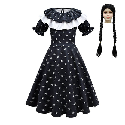 Wednesday Addams Dress Girls Wednesday Costume with Wig Gloves Bag for Cosplay