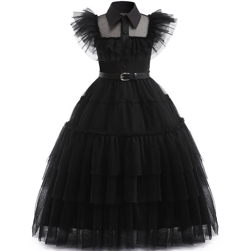 Girls Wednesday Dress Wednesday Addams Costume Black Tulle Dress with Belt Wednesday Outfit