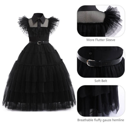 Girls Wednesday Dress Wednesday Addams Costume Black Tulle Dress with Belt Wednesday Outfit