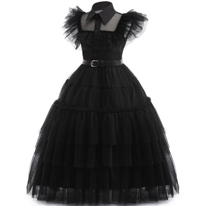 Girls Wednesday Dress Wednesday Addams Costume Black Tulle Dress with Belt Wednesday Outfit