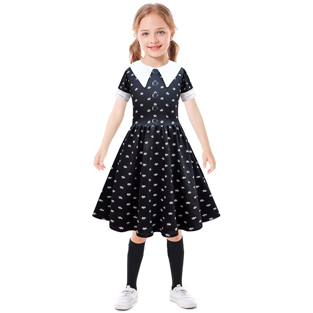 Girls Wednesday Dress Kids Wednesdays Addams Costume Wednesday Wig Gloves Bag for Cosplay 4-12 Years