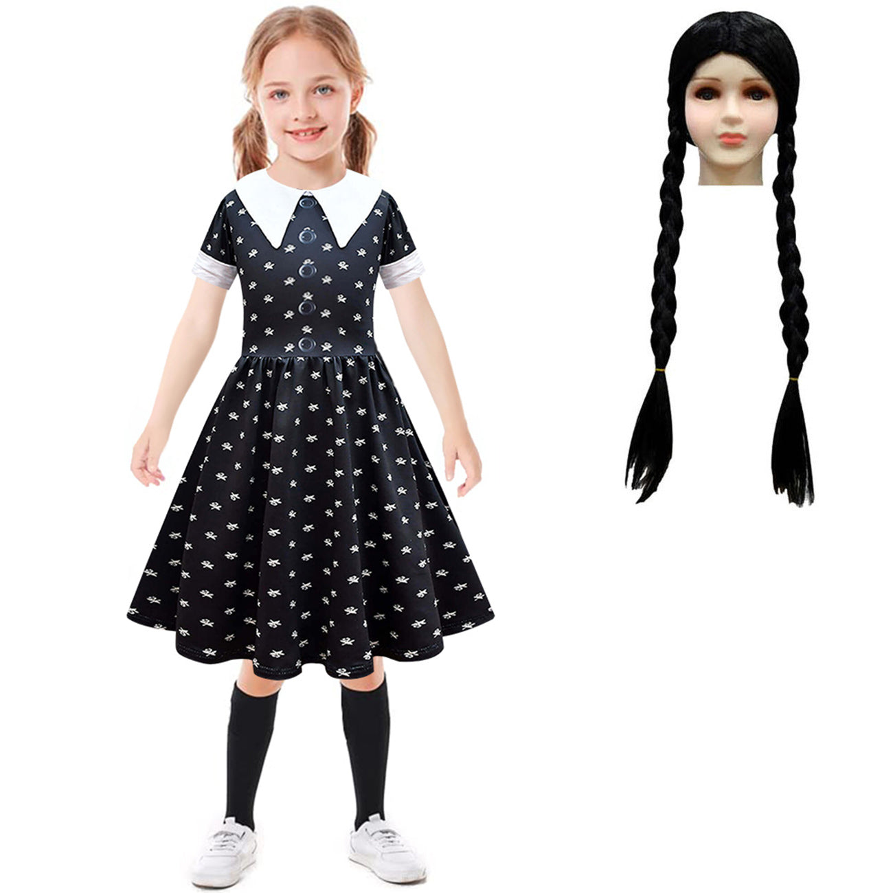 Girls Wednesday Dress Kids Wednesdays Addams Costume Wednesday Wig Gloves Bag for Cosplay 4-12 Years