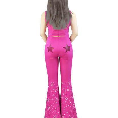 Y2k Sexy Barbara Costume Cowgirl  70s Disco Outfits Hot Pink Flare Pants with Vest Western Halloween Costume