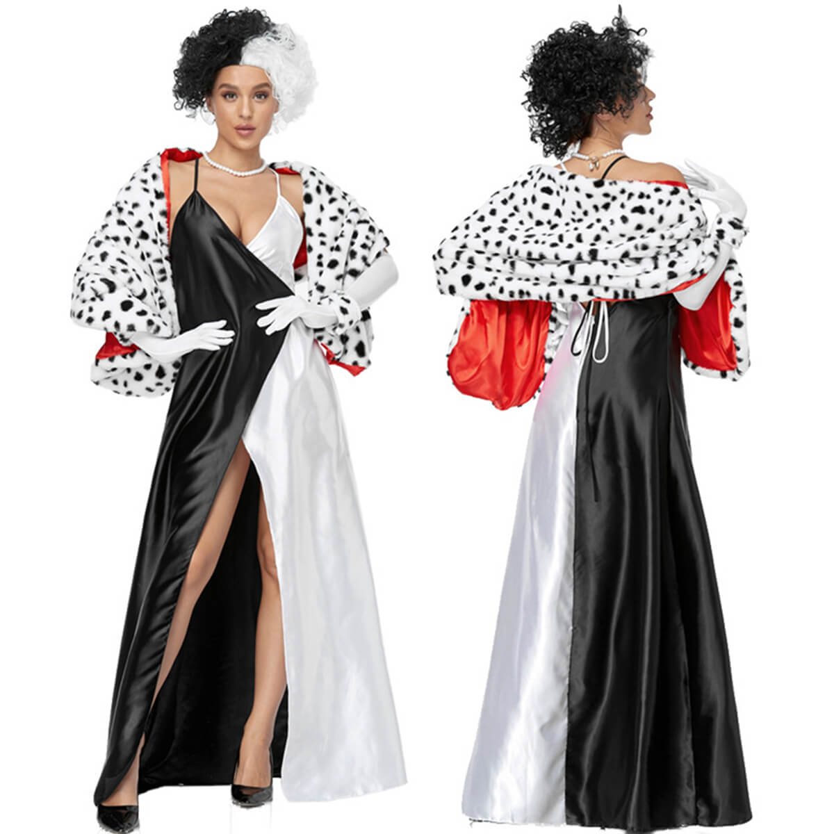 Adult Devil Costume Sexy Slip Dress Women High Split Maxi Dresses Dress with Cloak Gloves and Wig
