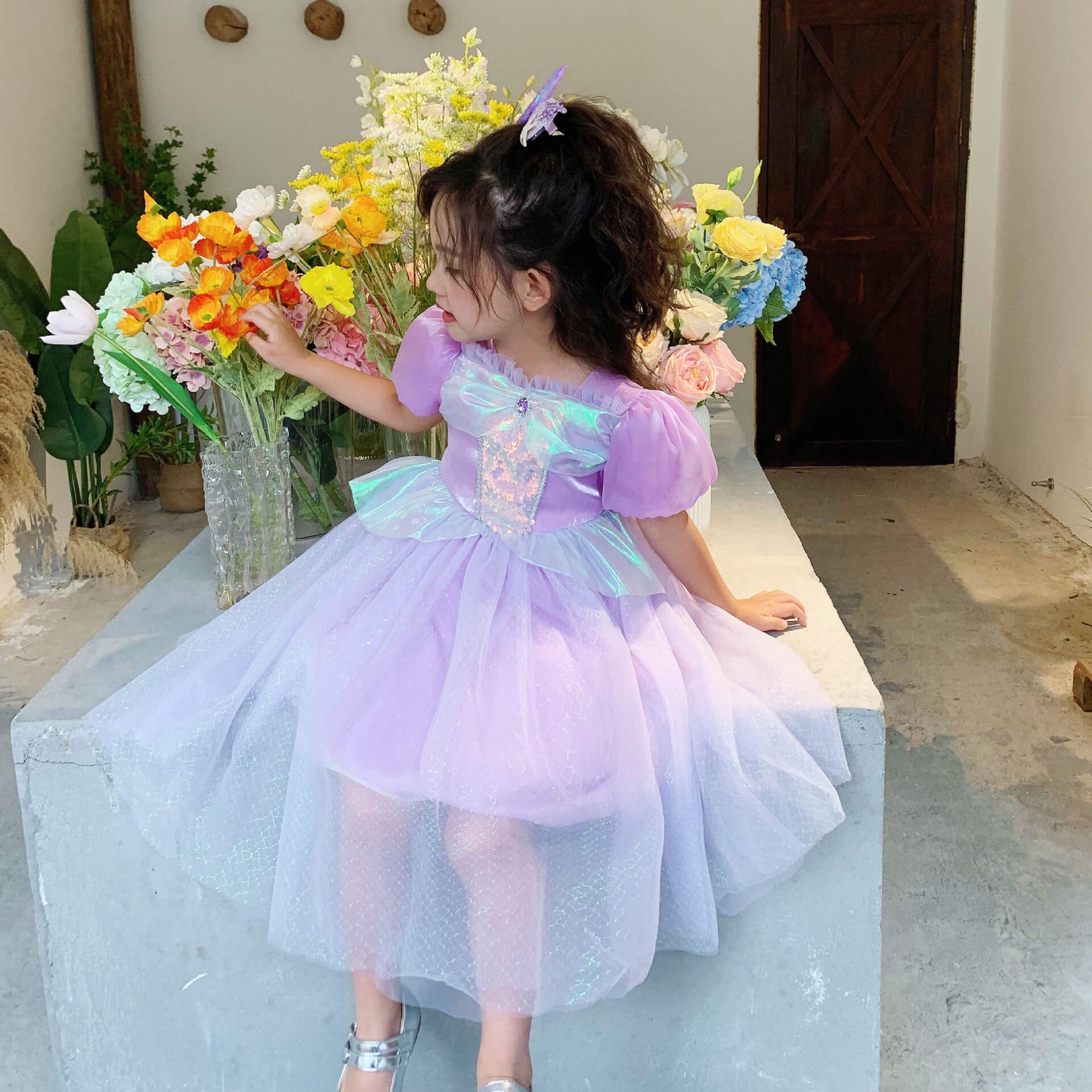 Puff sleeve Little Mermaid Dress with Sparkly Sequins Girls Mermaid Tutu Dress Birthday Dress