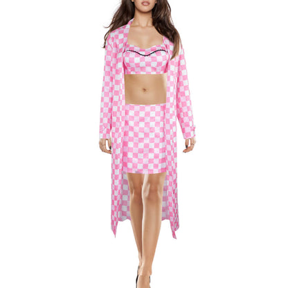 Pink Plaid Bikini Women Swim Suit with Matching Bathrobe Bucket Hat and Jewelry for Beach Vacation