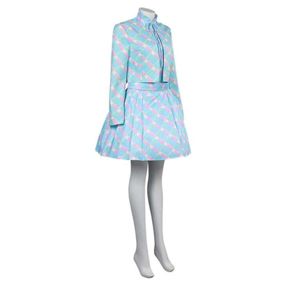 Movie Margot Robbie Plaid Blue Dress Women Barbara Doll Cosplay Outfit Halloween Costume