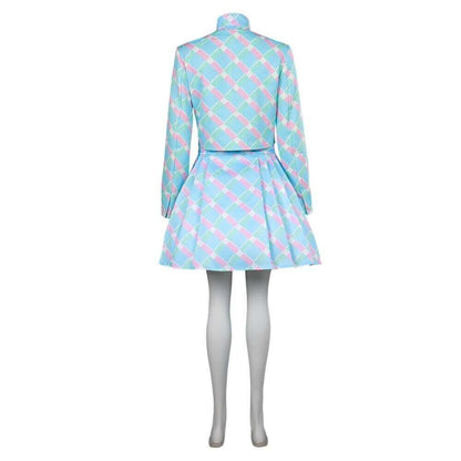 Movie Margot Robbie Plaid Blue Dress Women Barbara Doll Cosplay Outfit Halloween Costume