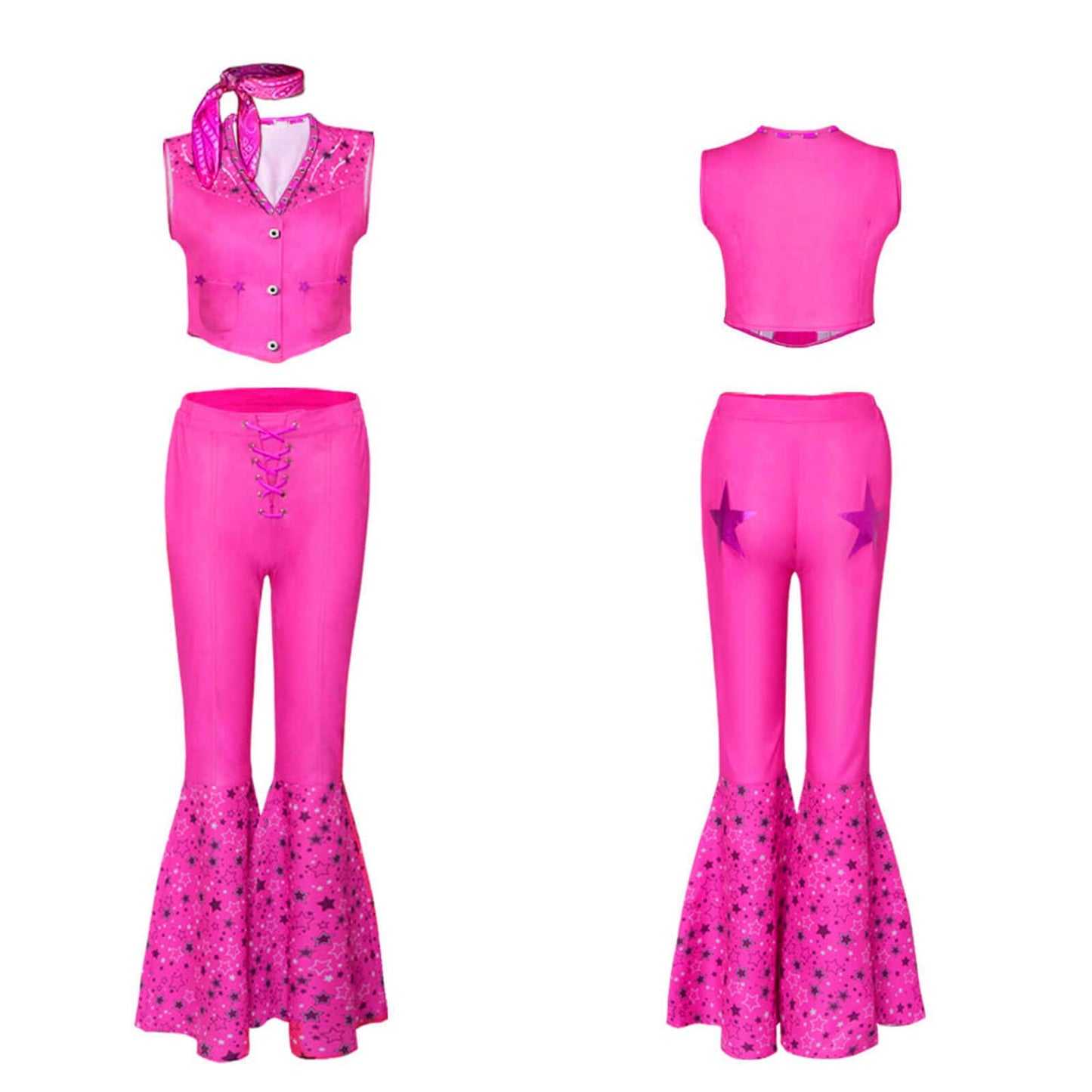 Y2k Sexy Barbara Costume Cowgirl  70s Disco Outfits Hot Pink Flare Pants with Vest Western Halloween Costume