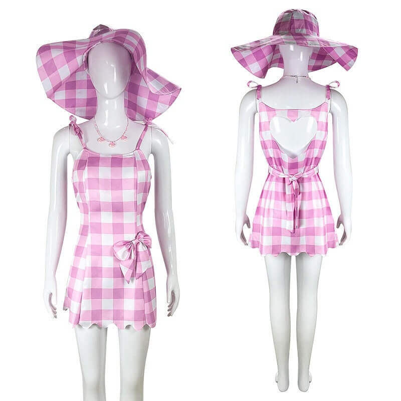 Pink Plaid Dress Hollow Suspender Beach Outfit with Hat Headband for Summer Vacation