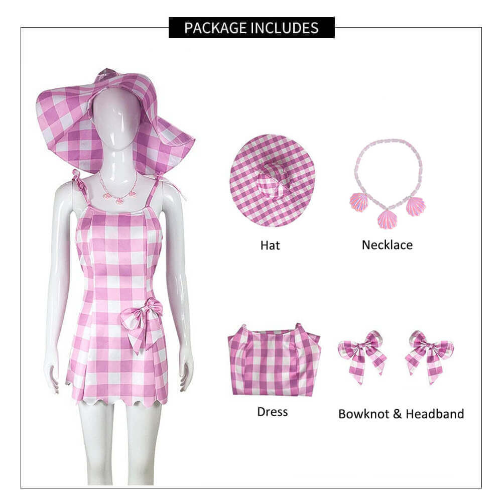 Pink Plaid Dress Hollow Suspender Beach Outfit with Hat Headband for Summer Vacation