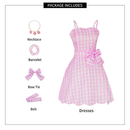 Pink Plaid Dress with Jewelry 2023 Live Action Cosplay Dress Up for Girls and Adults