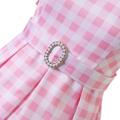 Pink Dress Beach Vacation Plaid Clothing with Necklace and Earrings for Kids Adults