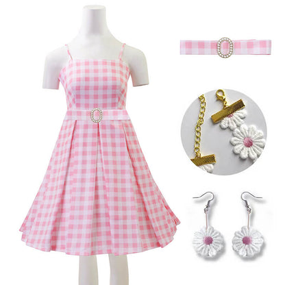 Pink Dress Beach Vacation Plaid Clothing with Necklace and Earrings for Kids Adults