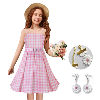 Pink Dress Beach Vacation Plaid Clothing with Necklace and Earrings for Kids Adults