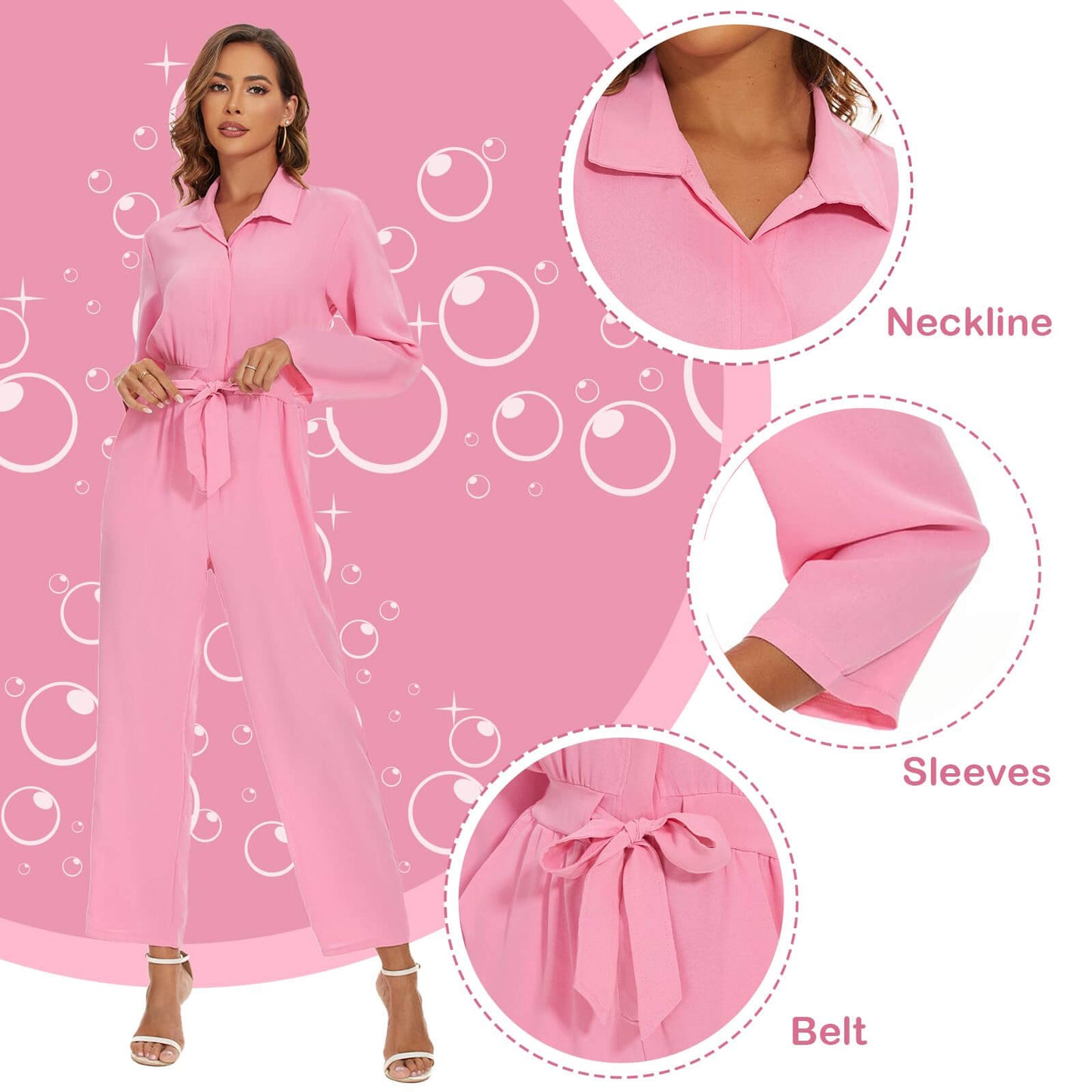 Pink Jumpsuit Kids Adults Movie Costume Button Down Lapel Belted Cosplay Outfit