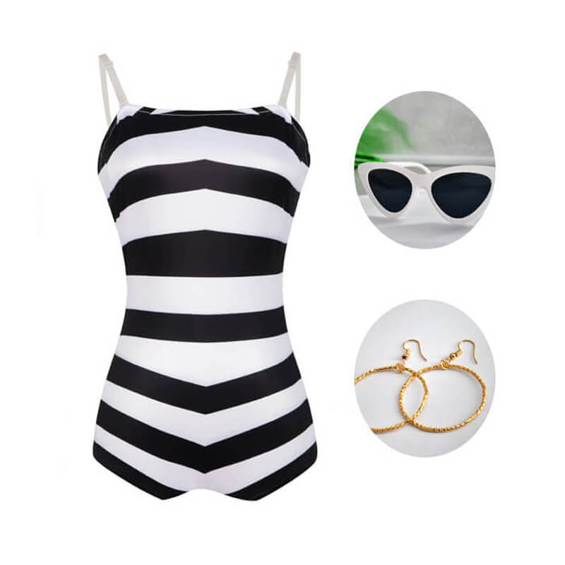 Women Swim Suit Black White Chevron Stripe One Piece Bathing Suit with Sunglasses and Earrings